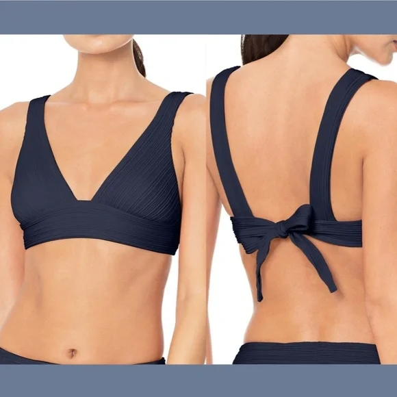 NEW $108 Robin Piccone Lily V-Neck Bikini‎ Top in Navy Blue [SZ Small ]